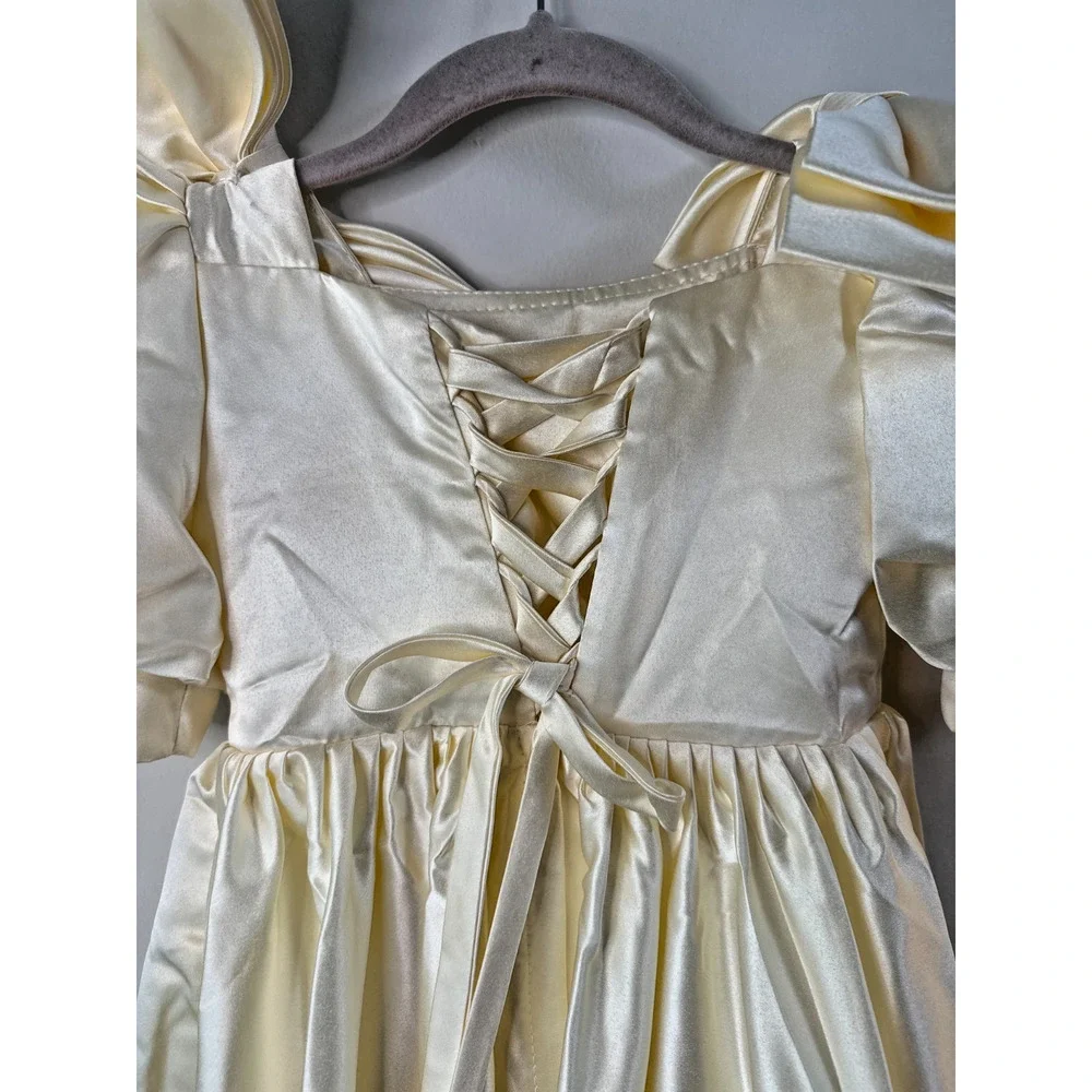 Girls Ivory Satin Flower Girl Dress Puff Sleeve Bow Formal Wedding Size 5 6 - Picture 3 of 7